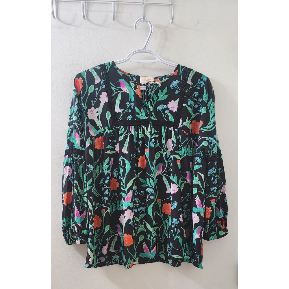 Kate Spade Silk Floral Bird Blouse Black Crochet Trim NJMU7761 Womens Medium